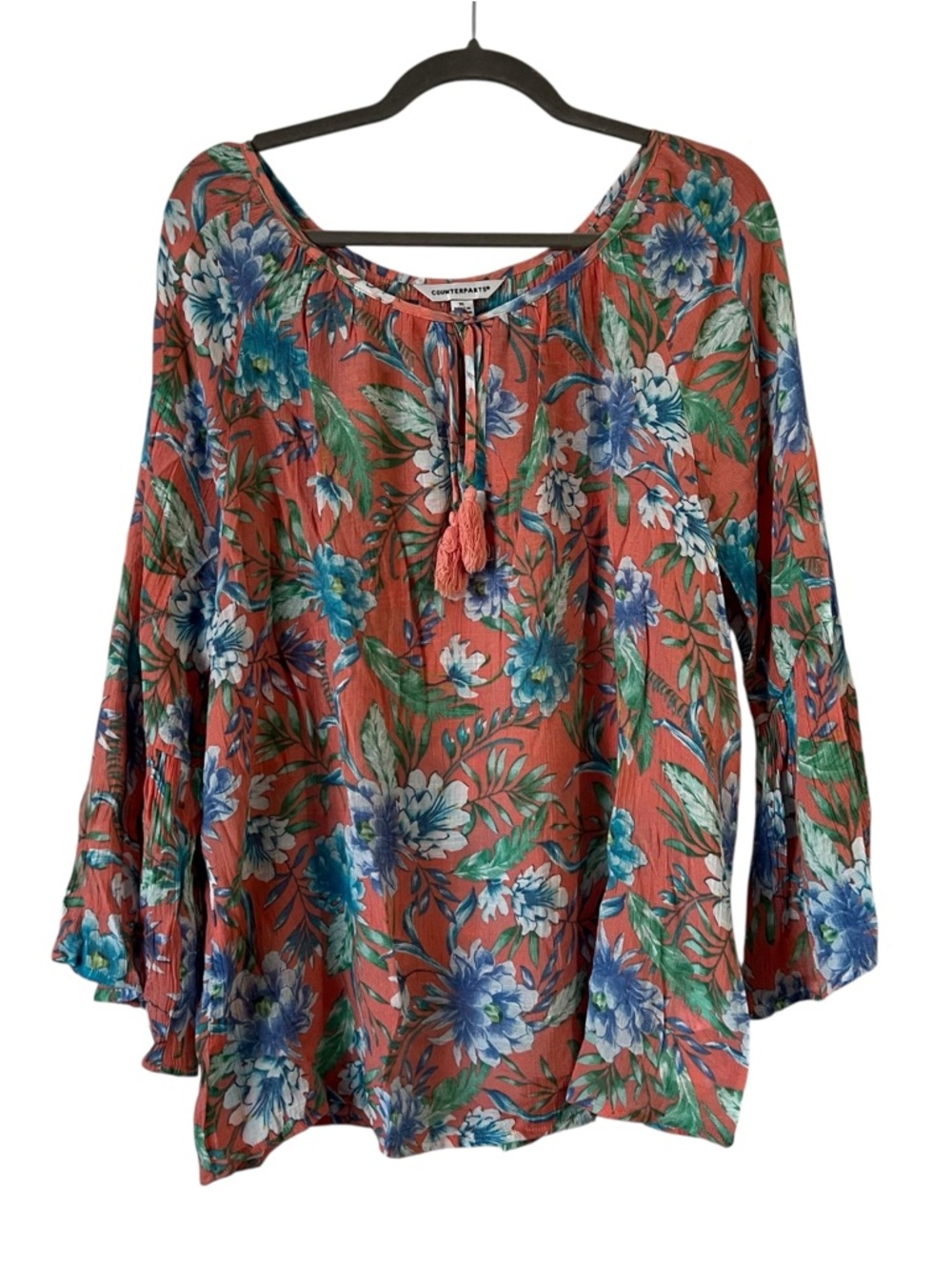 Counterparts Floral Boho Peasant Blouse Bell Sleeve Tassel Tie XL - Picture 2 of 9